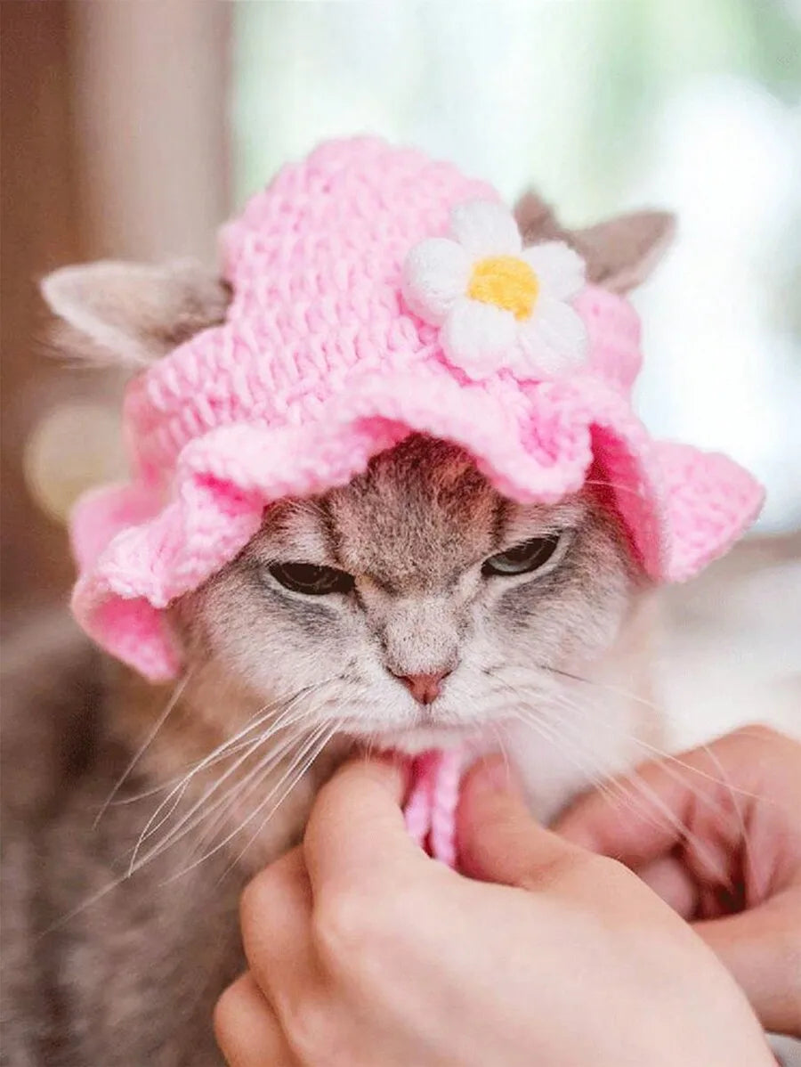 Cozy Knitted Wool Hat With Floral Trim For Cats And Small Dogs