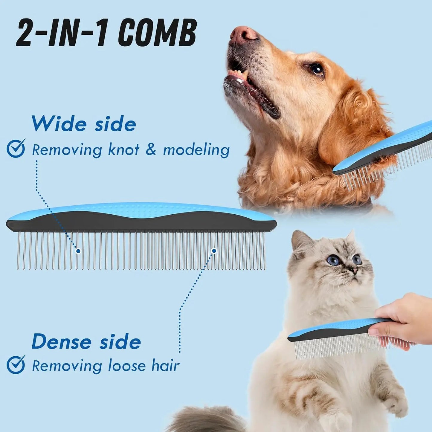 Blue Deshedding Brush And Metal Comb For Detangling And Dematting Long Fur