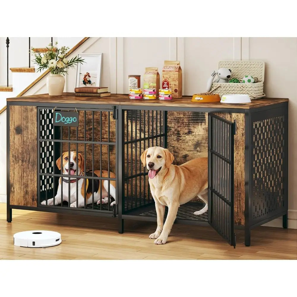 Large Double Dog Cage Metal Wood With Removable Divider Indoor Heavy Duty