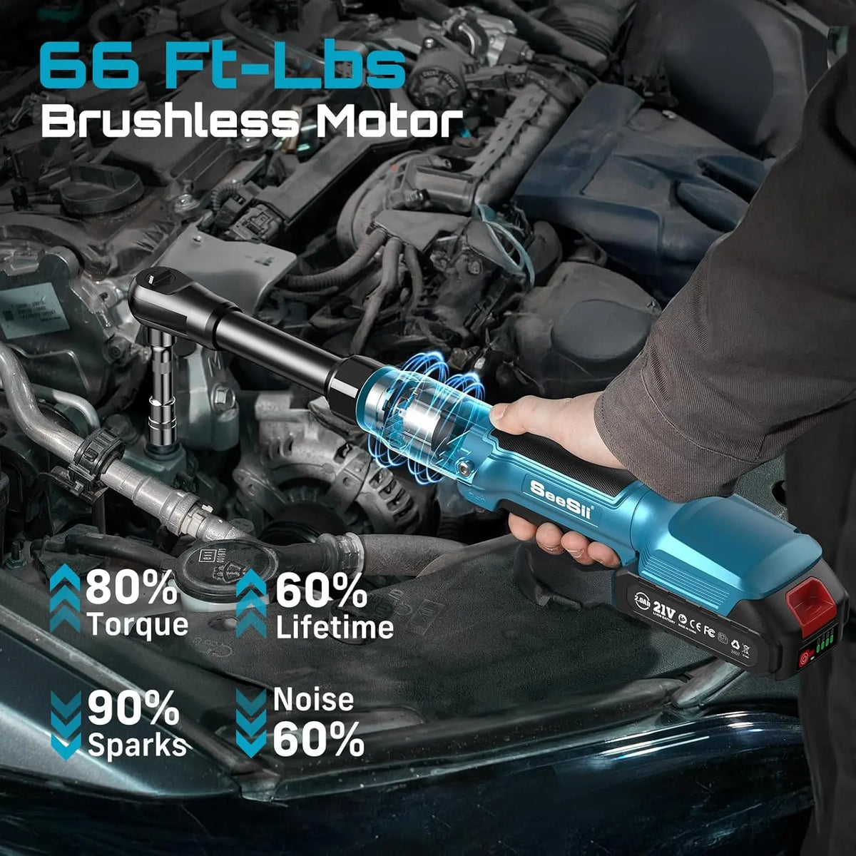 Seesii 21V Extended Cordless Electric Ratchet Wrench 80Nm 3/8 Inch