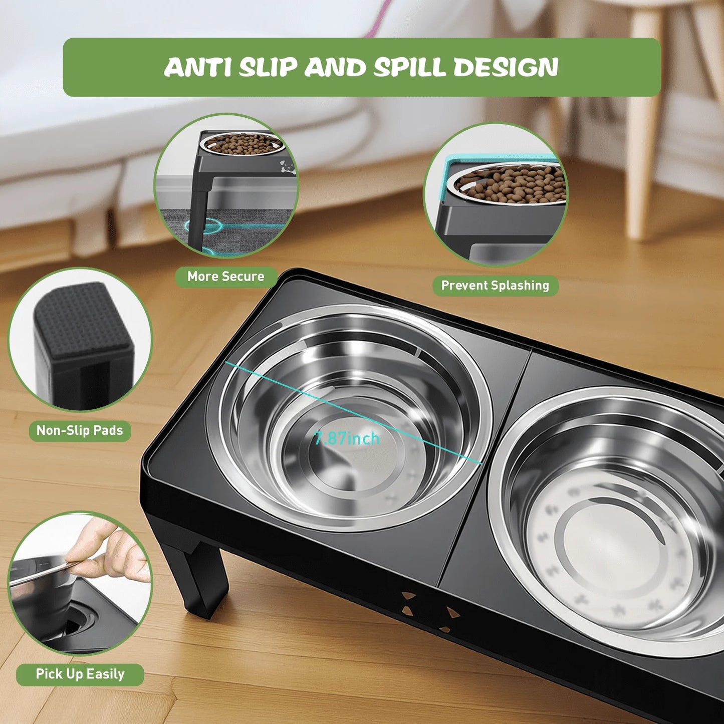 Elevated Dog Bowls Adjustable 5 Height Raised Feeder 2 Stainless Steel Bowls