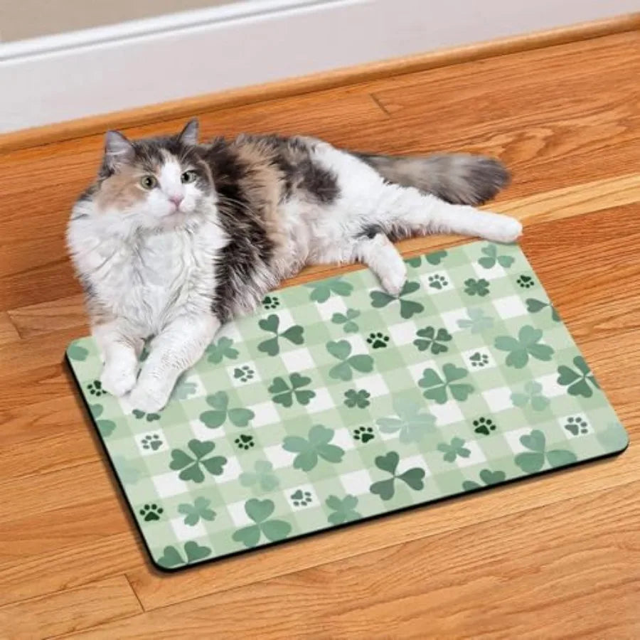St Patrick Day Dog Food And Water Mat Green Paw Prints Clover Non Slip Waterproof