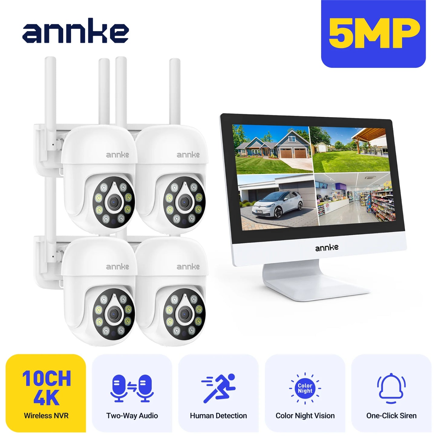 Annke 4MP Solar Security Cameras 12 Inch LCD PTZ WiFi Color Night Vision PIR