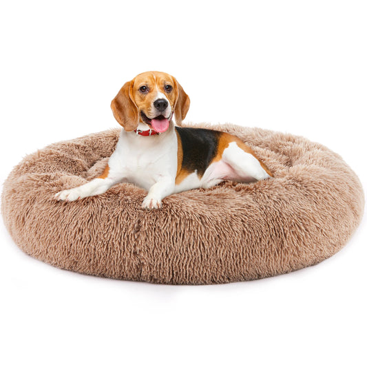 JHK Calming Dog Bed For Medium To Large Dogs Washable Round Plush Faux Fur