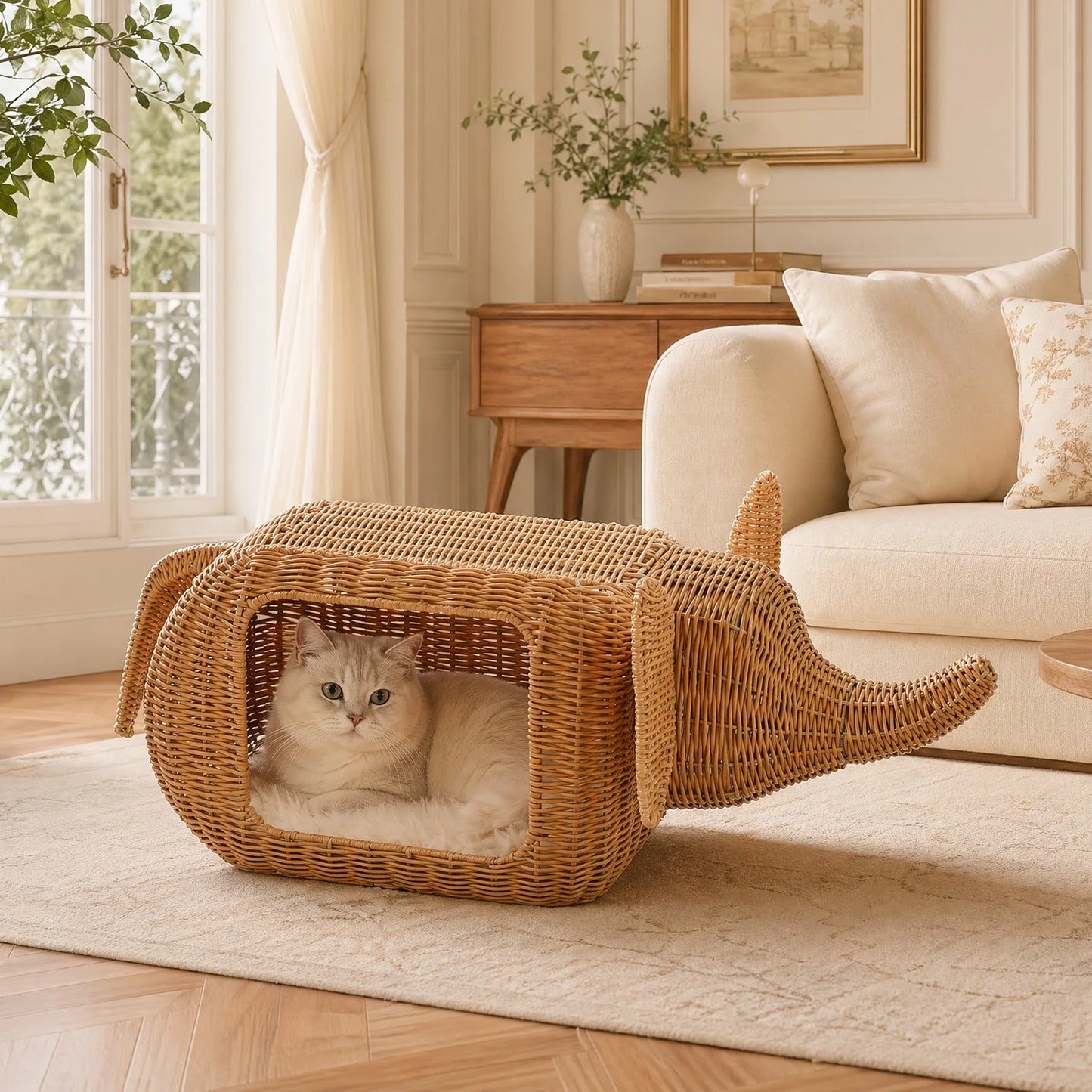 Handmade Elephant Rattan Cat Condo Bed Plush Cushioned Indoor Shelter For Large Cats