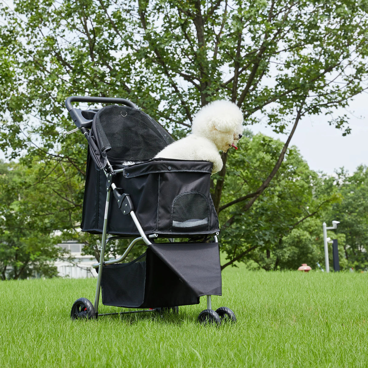 Foldable Pet Stroller For Small Dogs With 3 Wheel Design And Storage Basket