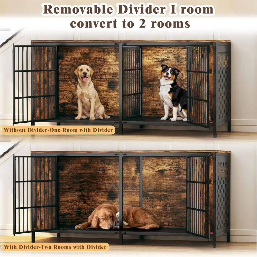 Large Double Dog Cage Metal Wood With Removable Divider Indoor Heavy Duty