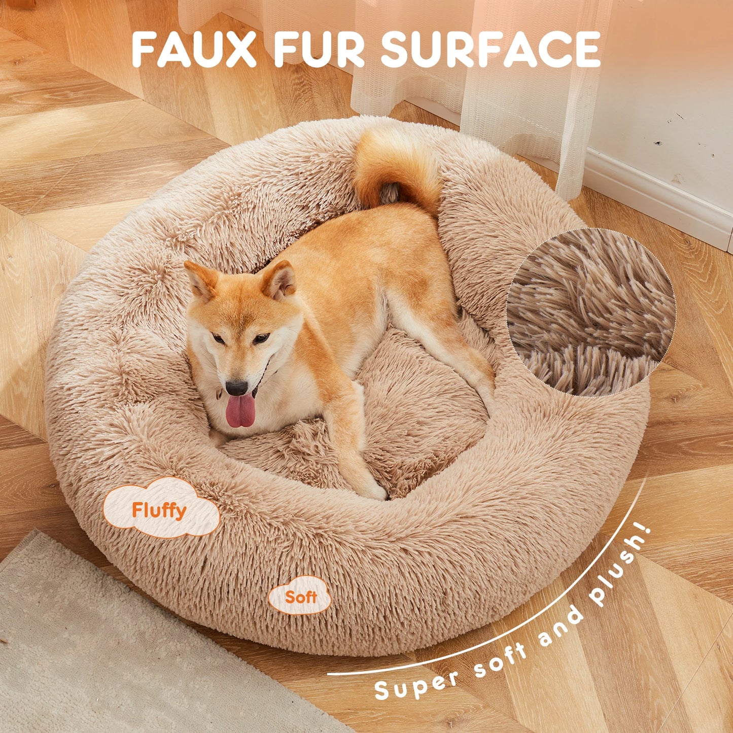 JHK Calming Dog Bed For Medium To Large Dogs Washable Round Plush Faux Fur