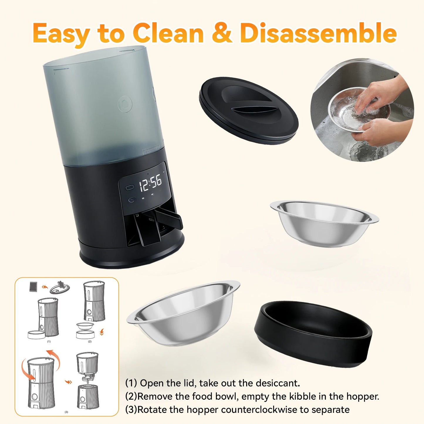 JHK 6L Automatic Cat Feeder With Dual Stainless Bowls Timed Dispenser