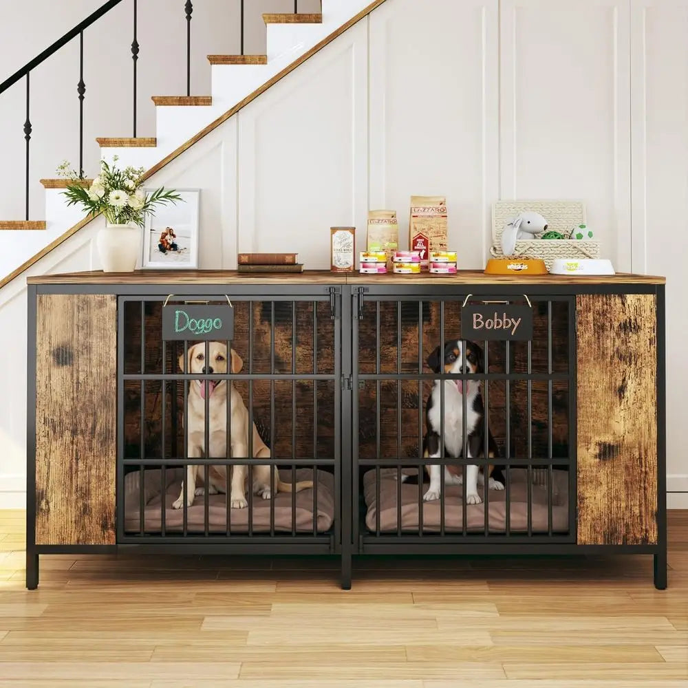 Large Double Dog Cage Metal Wood With Removable Divider Indoor Heavy Duty