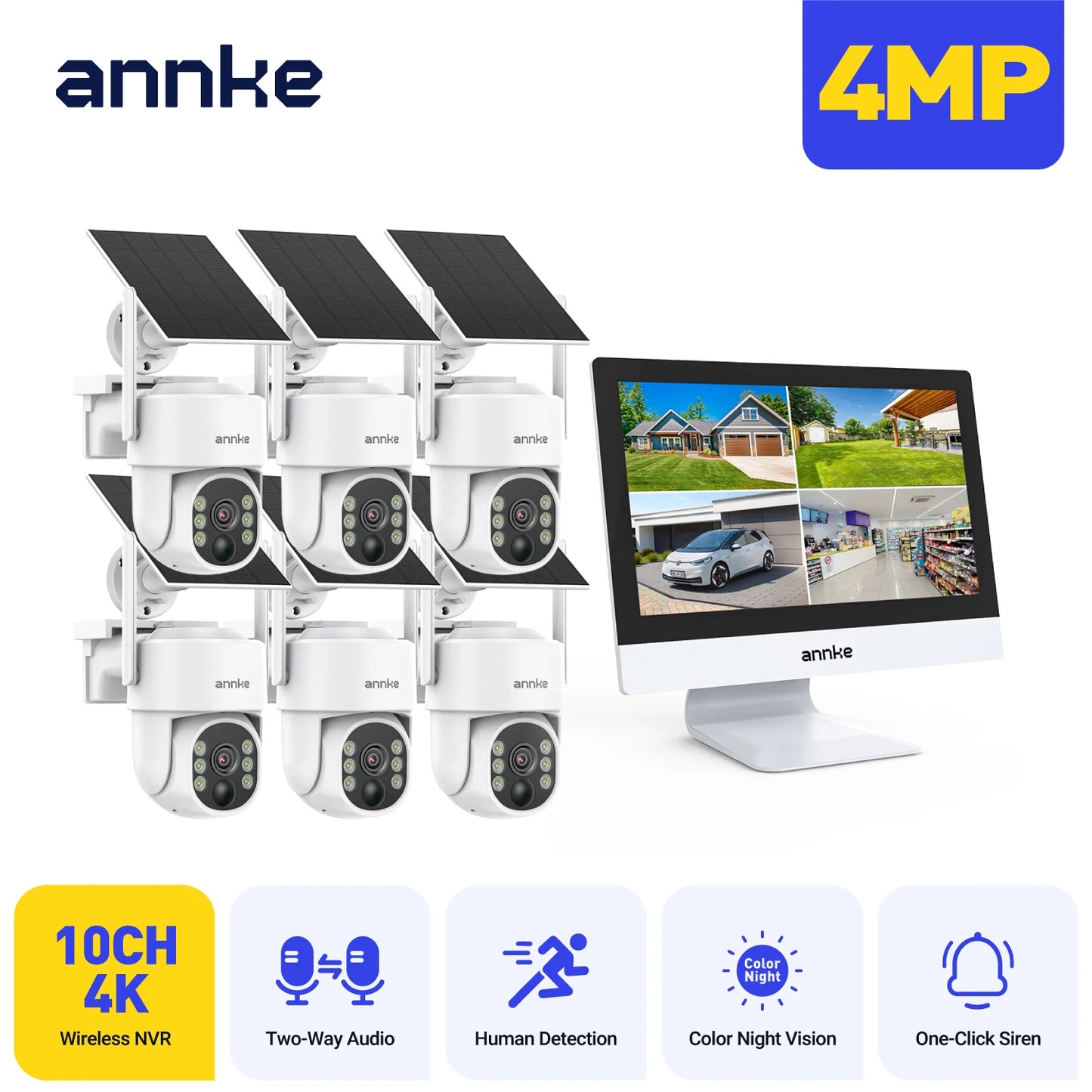 Annke 4MP Solar Security Cameras 12 Inch LCD PTZ WiFi Color Night Vision PIR