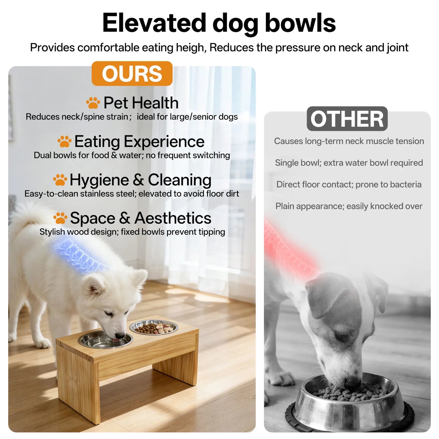 Wooden Elevated Dog Bowls Stainless Steel Double Bowls Non Slip Raised Feeder