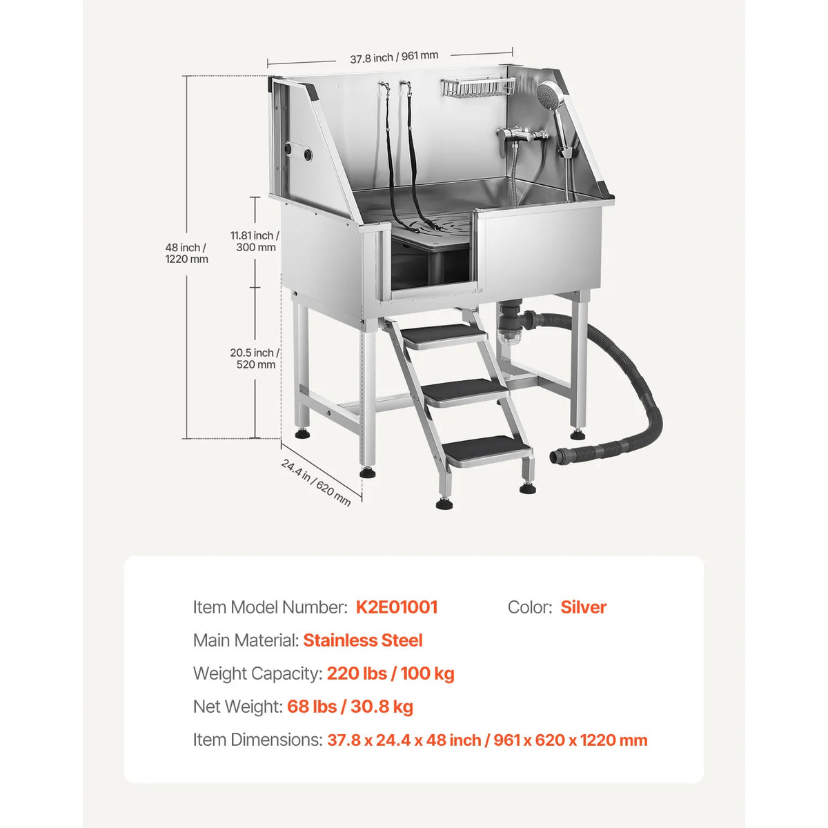 Stainless Steel Dog Washing Station With Shower And Storage Stairs