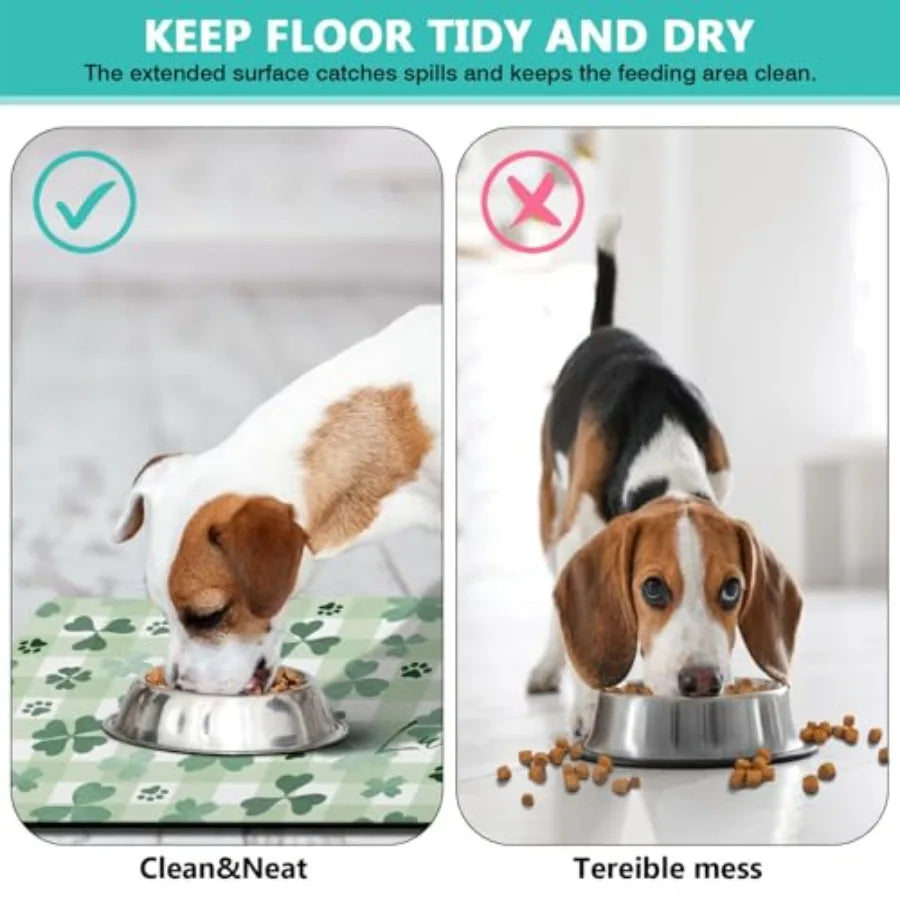 St Patrick Day Dog Food And Water Mat Green Paw Prints Clover Non Slip Waterproof