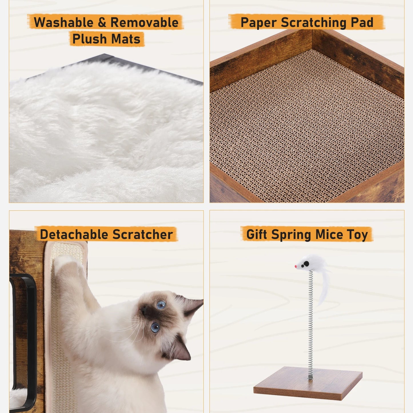 Wood Cat Condo House Bed With Removable Mats Cat Tree Tower And Scratching Pad