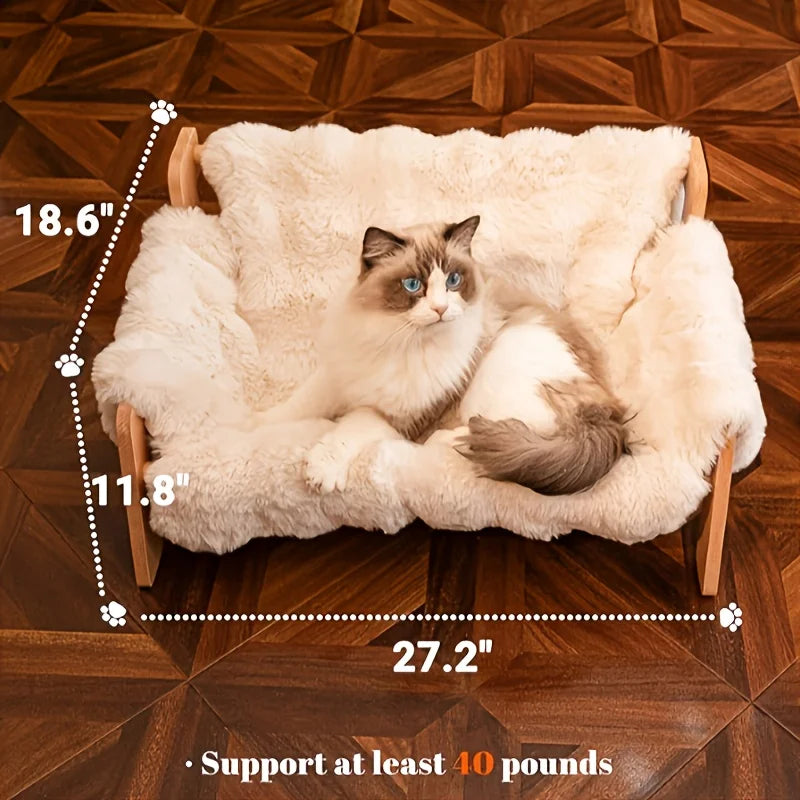 Raised Solid Wood Pet Couch Bed for Cats and Small Dogs with Wide Wood Frame