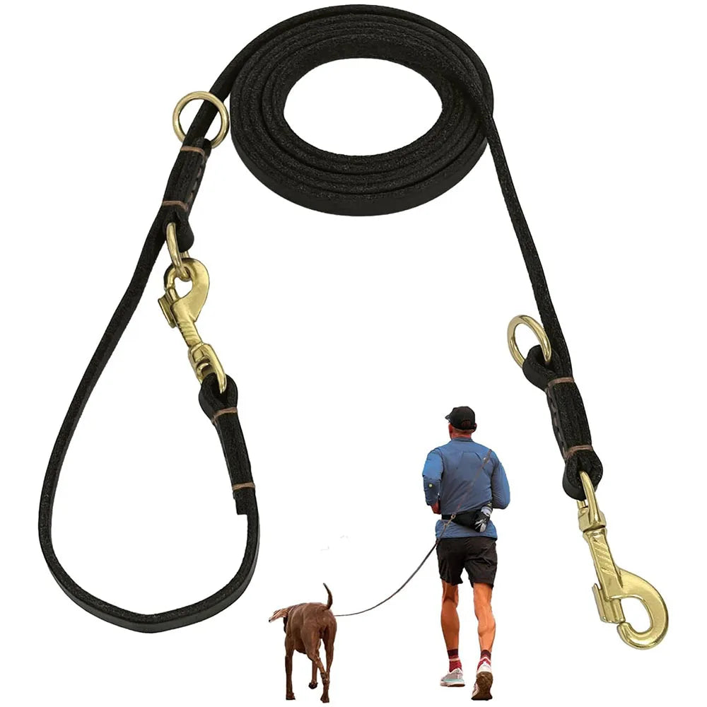 Genuine Leather Double Dog Leash Hands Free Running Leash For Two Dogs