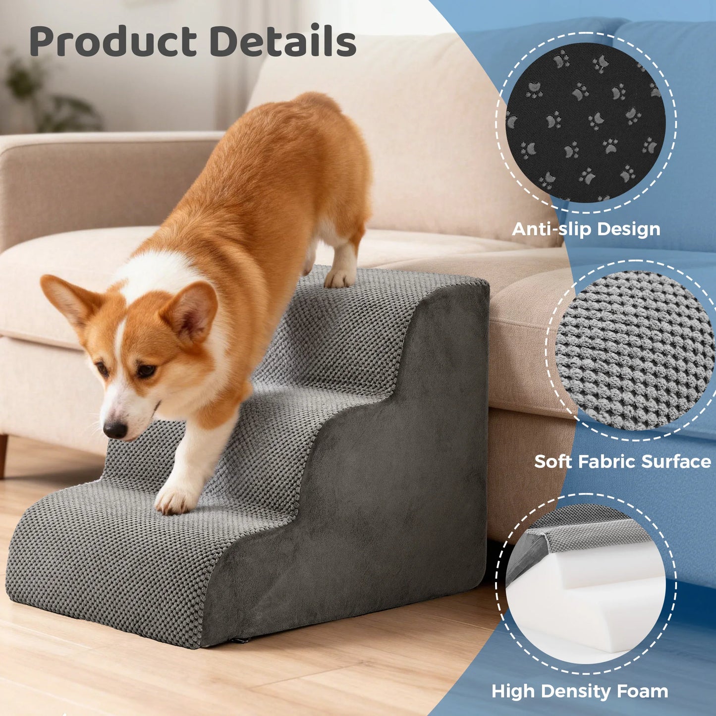 Curved High Density Foam Dog Stairs for Small Dogs Non Slip Indoor Ramp