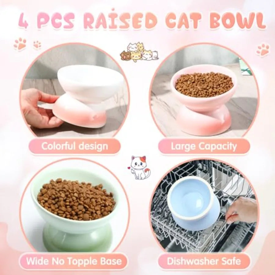 4 Pack Raised Cat Food Bowls Elevated Tilted Design Anti Vomiting Pet Supplies