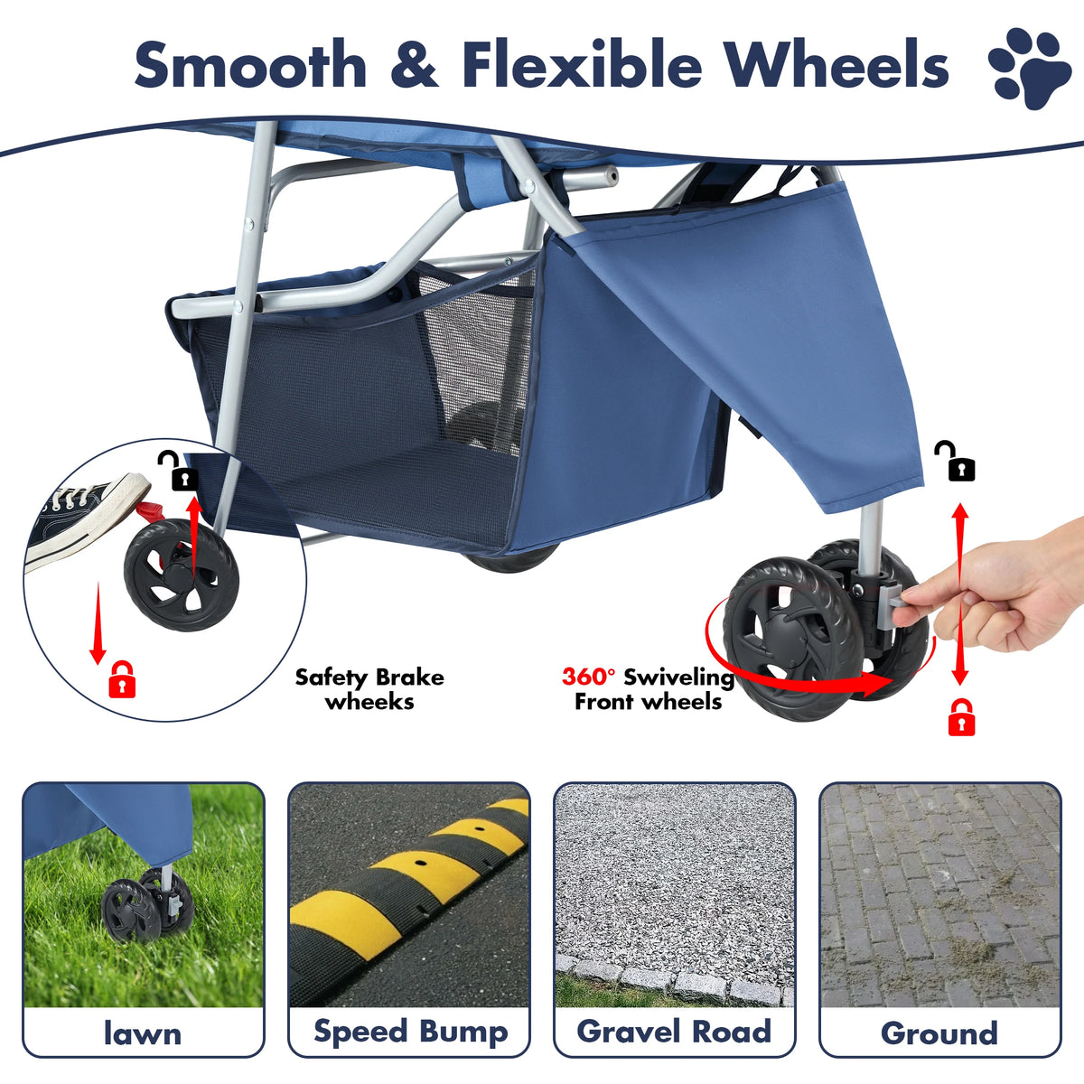 3 Wheel Foldable Pet Stroller For Small Dogs With Cushioned Wheels And Basket