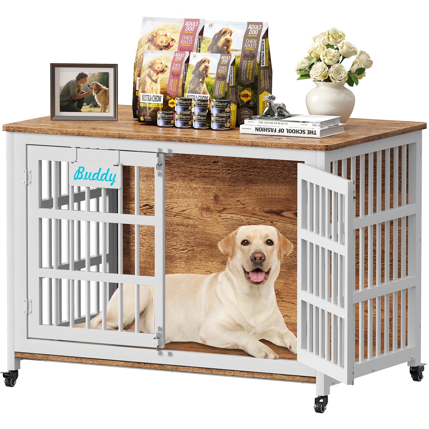 Heavy Duty Dog Crate Furniture With Casters For Large Dogs Indoor TV Stand