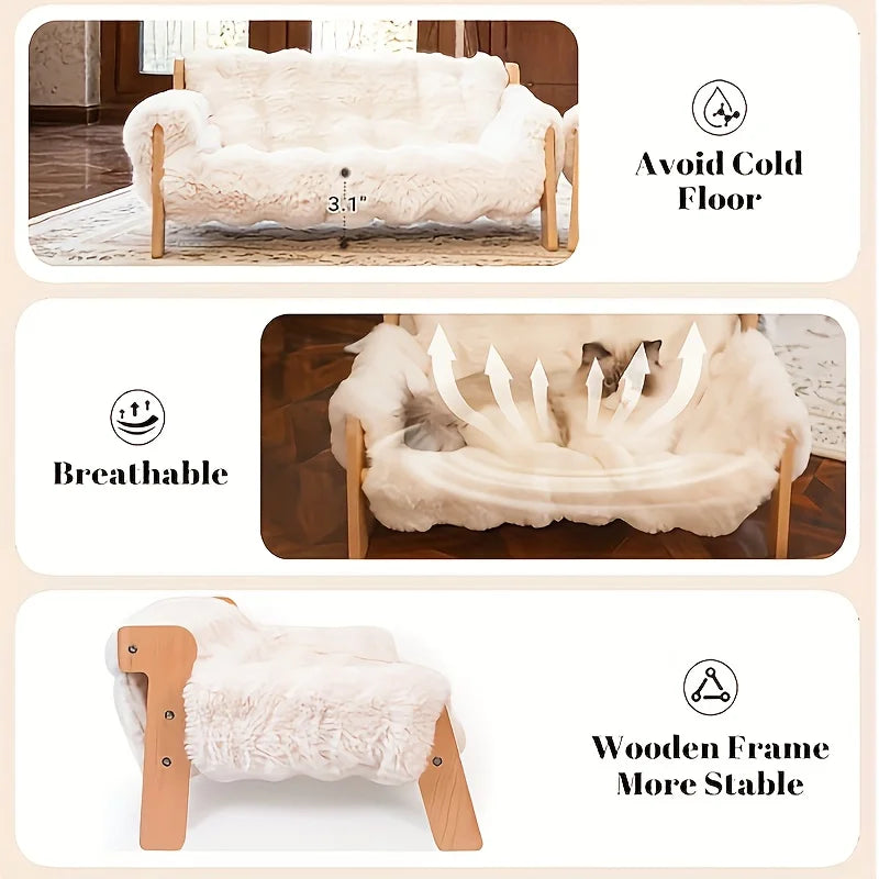 Raised Solid Wood Pet Couch Bed for Cats and Small Dogs with Wide Wood Frame