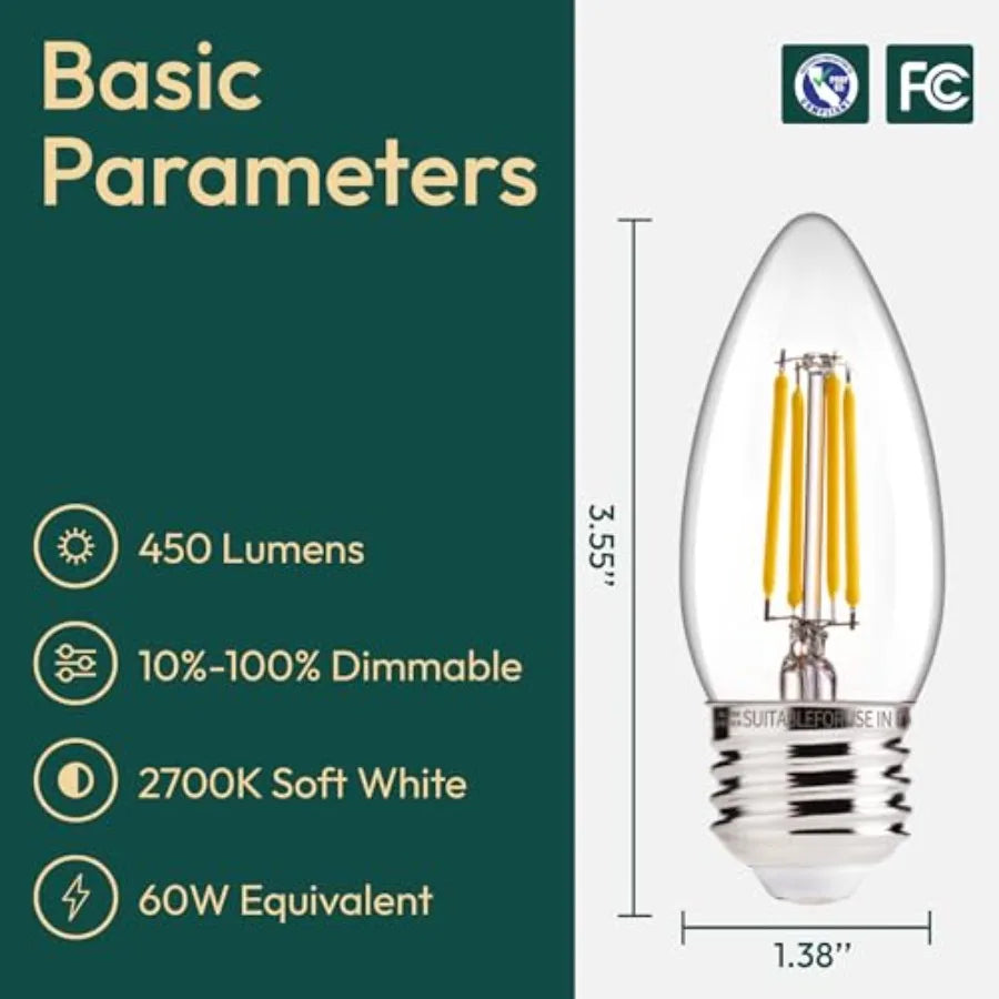 6 Pack E26 B11 LED Chandelier Bulbs 60W Eq 450LM 2700K Soft White Dimmable
