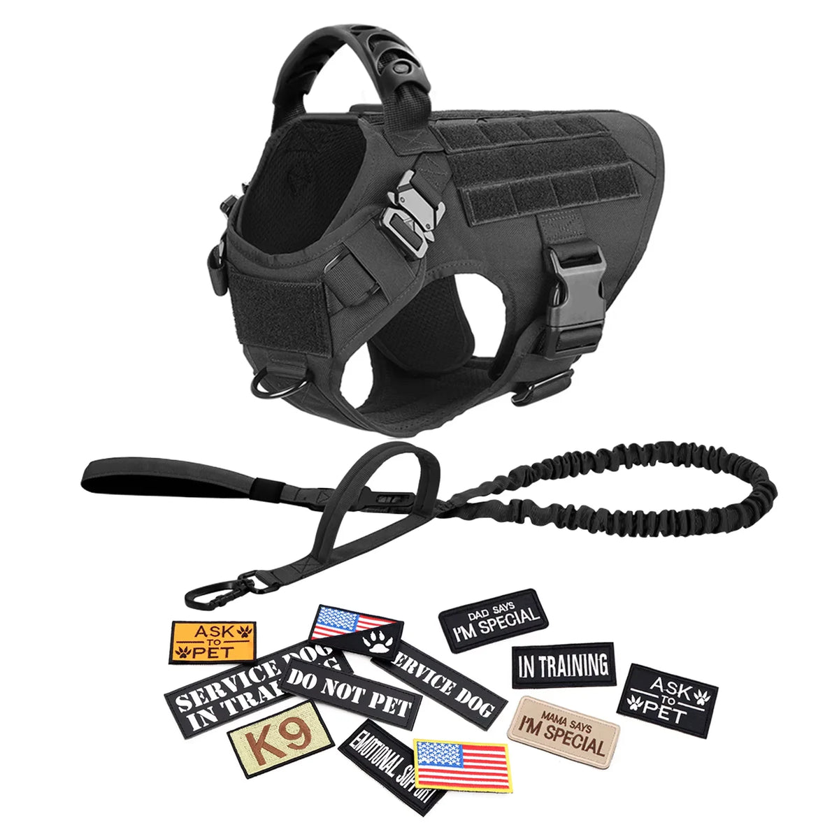 Tactical Dog Harness Vest Set Padded Nylon Quick Release For Large Breeds