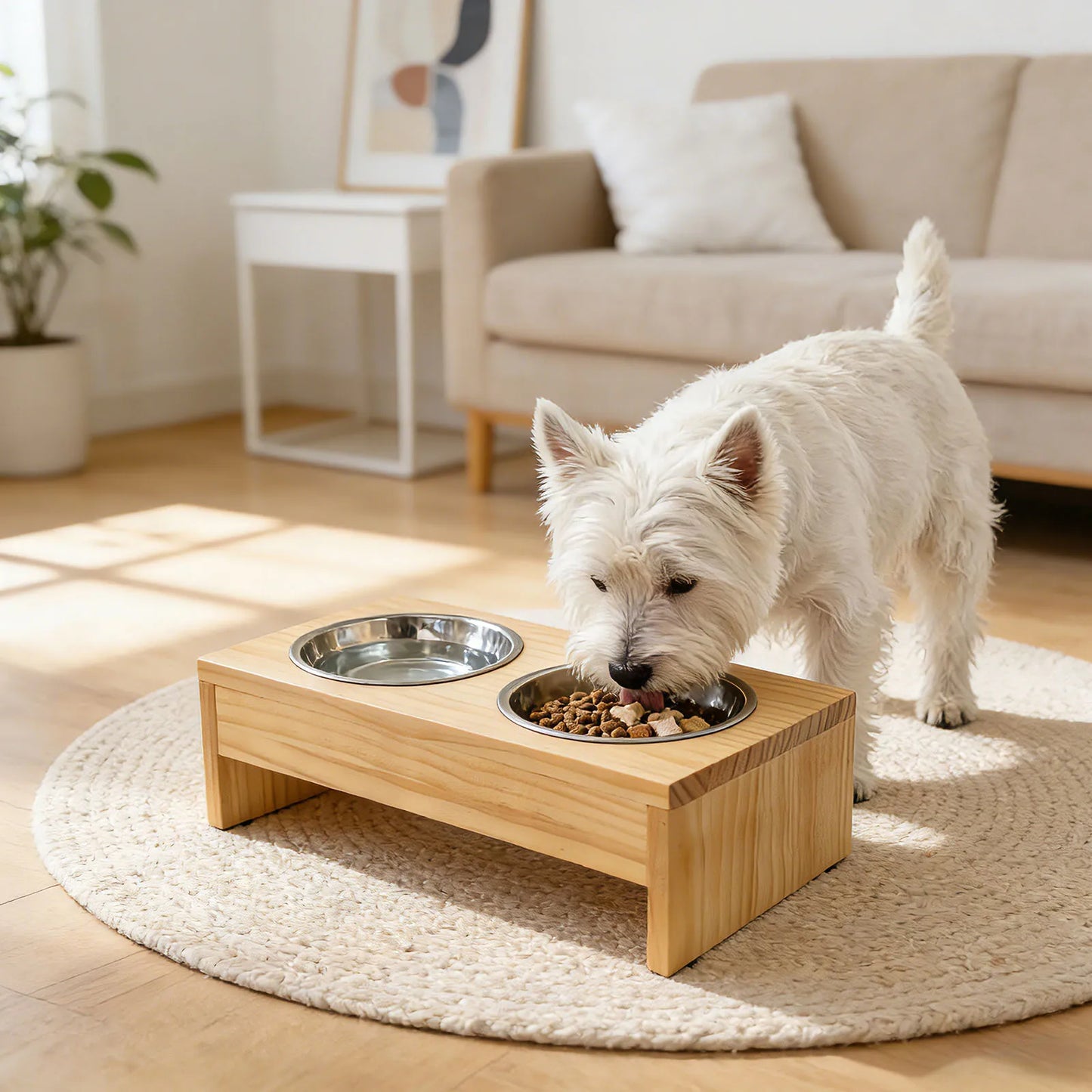 Wooden Elevated Dog Bowls Stainless Steel Double Bowls Non Slip Raised Feeder