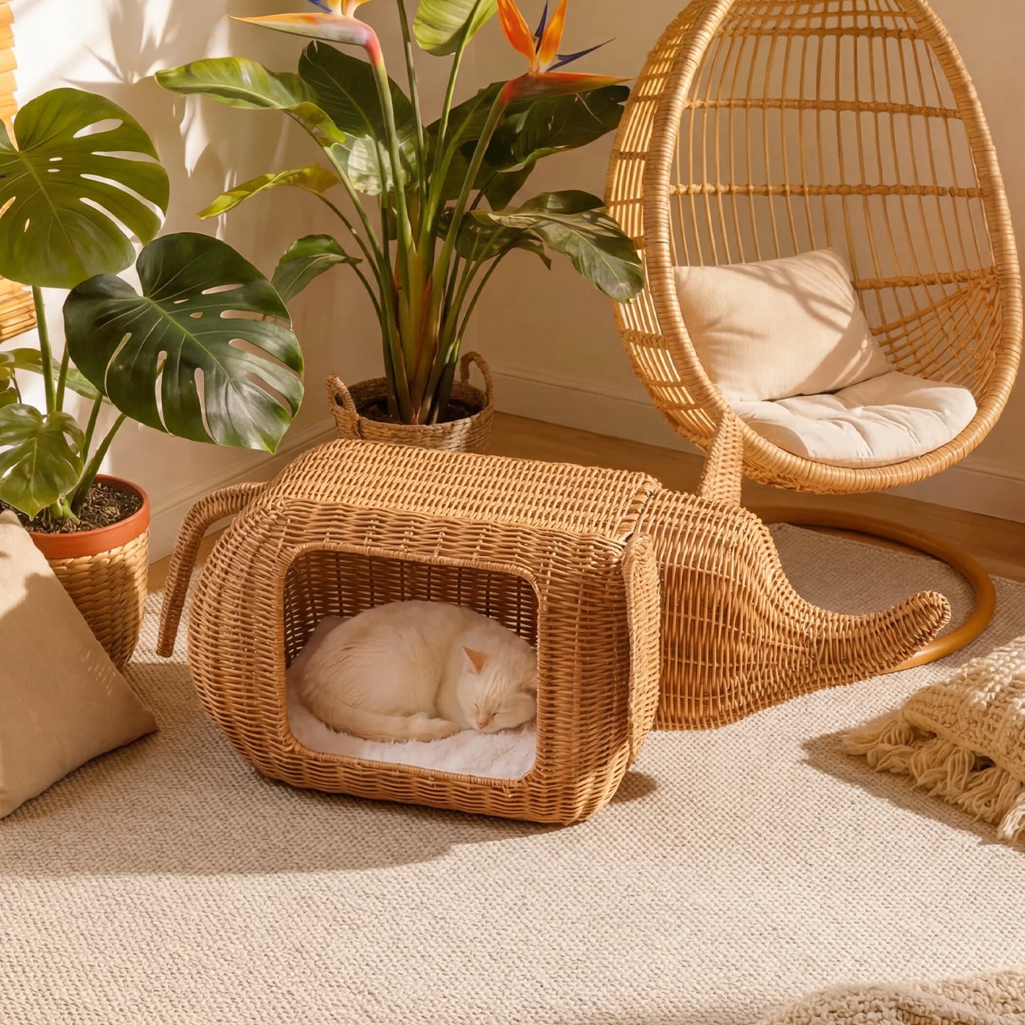 Handmade Elephant Rattan Cat Condo Bed Plush Cushioned Indoor Shelter For Large Cats